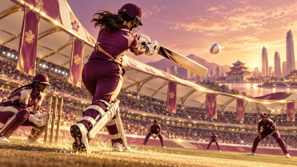 Illustration of women playing cricket beneath stadium lights