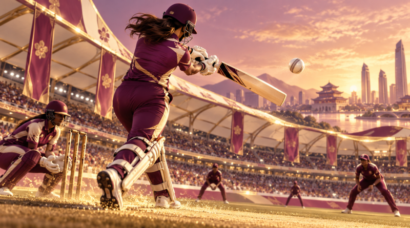 Illustration of women playing cricket beneath stadium lights