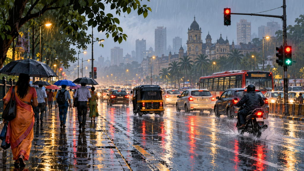 Illustration of traffic and commuters on a rainy Indian city street