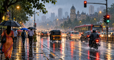 Illustration of traffic and commuters on a rainy Indian city street