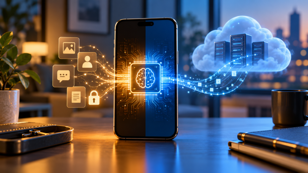 Smartphone AI processing beside a cloud computing illustration