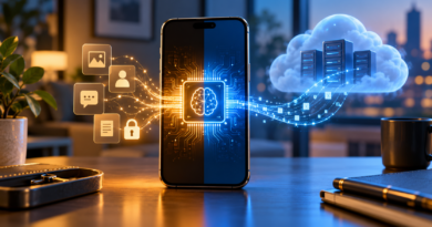 Smartphone AI processing beside a cloud computing illustration