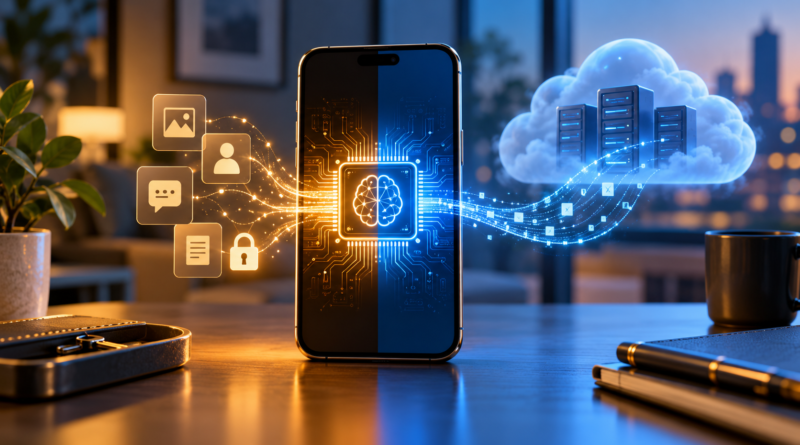 Smartphone AI processing beside a cloud computing illustration