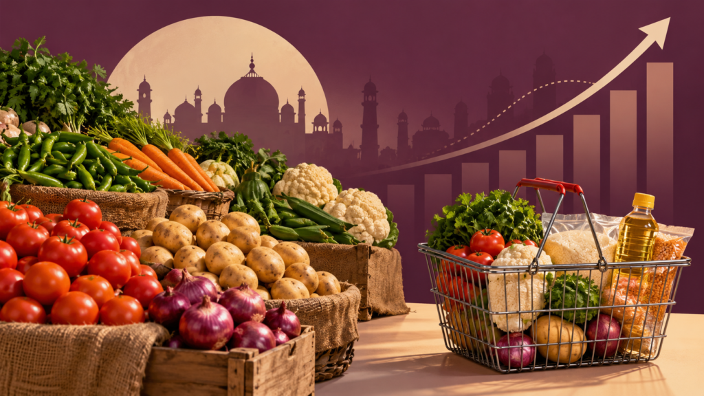 Illustration of produce and a household shopping basket representing inflation
