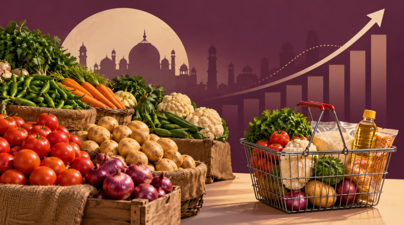 Illustration of produce and a household shopping basket representing inflation