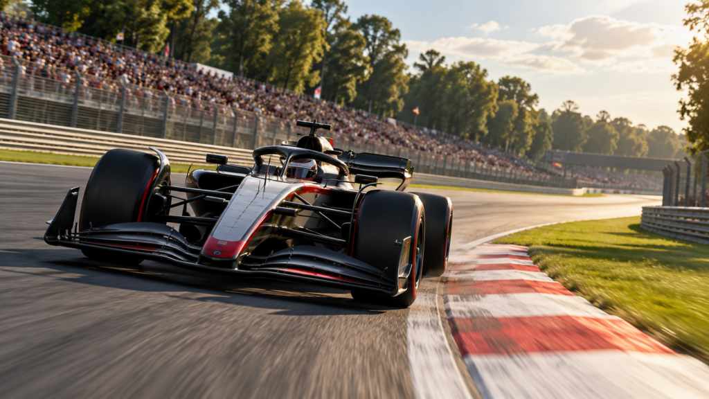 Illustrative open-wheel race car on a sunlit circuit; not a race photograph