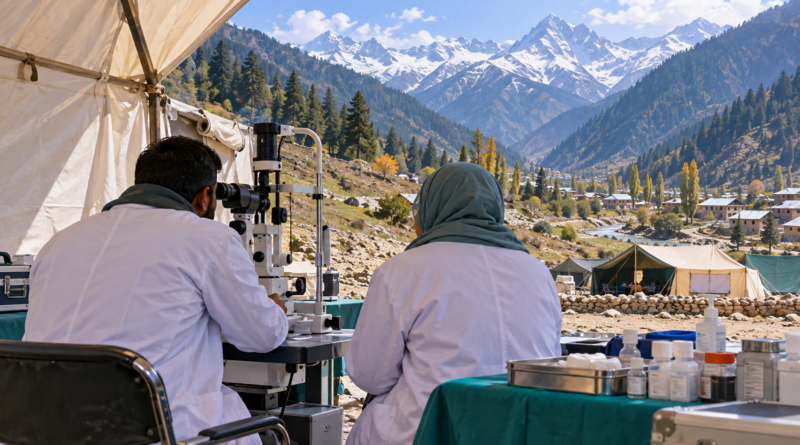 Illustration of eye care workers at a mountain medical camp