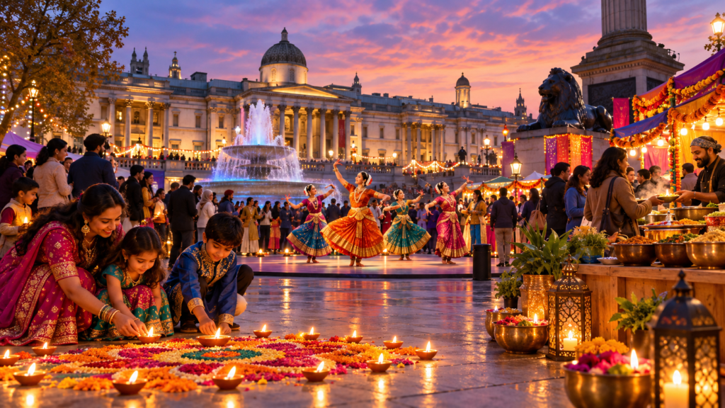 Illustration of a Diwali gathering at Trafalgar Square at dusk