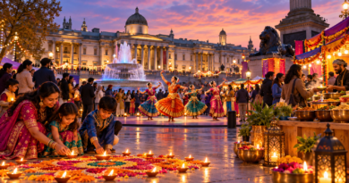 Illustration of a Diwali gathering at Trafalgar Square at dusk