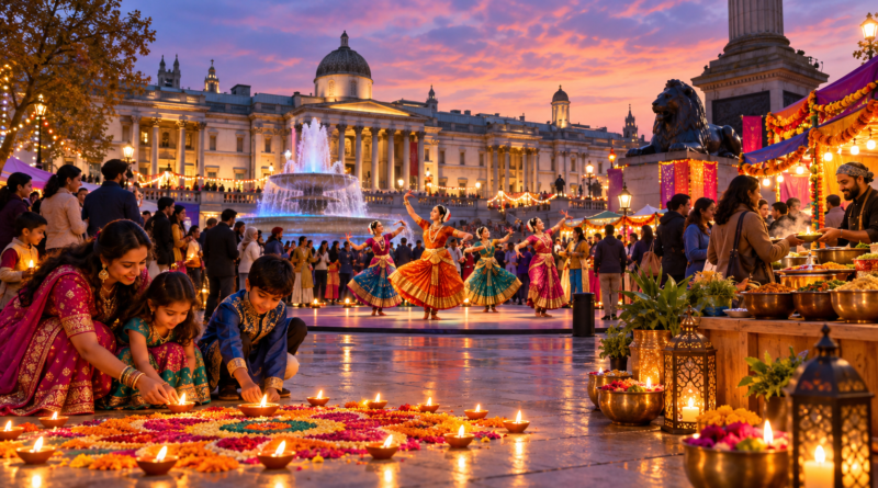 Illustration of a Diwali gathering at Trafalgar Square at dusk