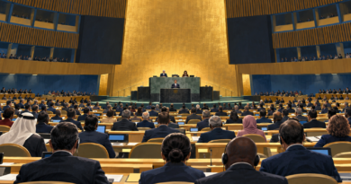 Illustration of delegates in an international assembly hall