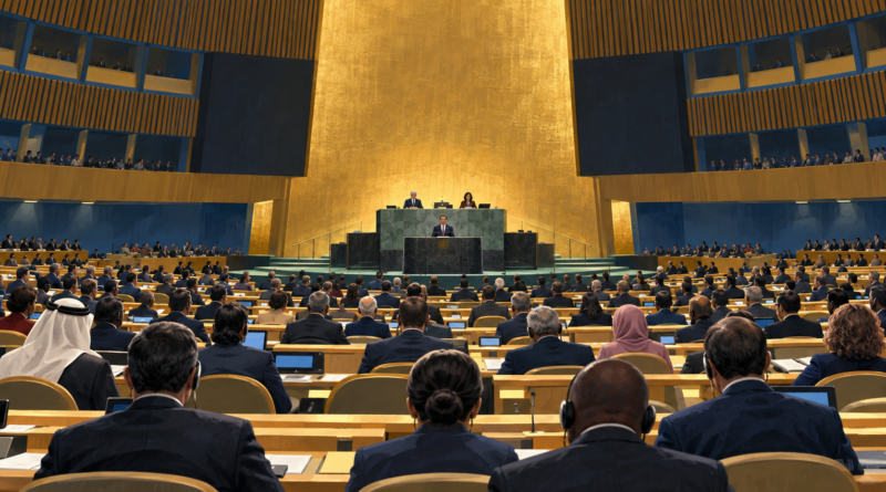 Illustration of delegates in an international assembly hall