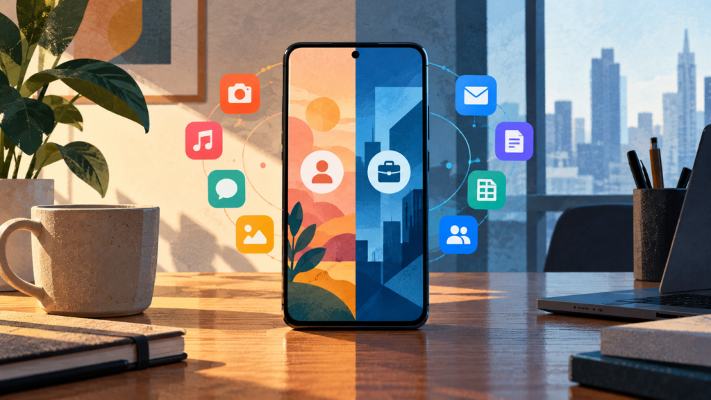 Illustration of a smartphone divided between personal and work apps