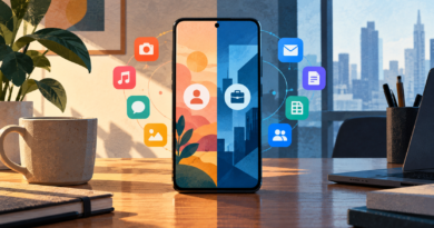 Illustration of a smartphone divided between personal and work apps
