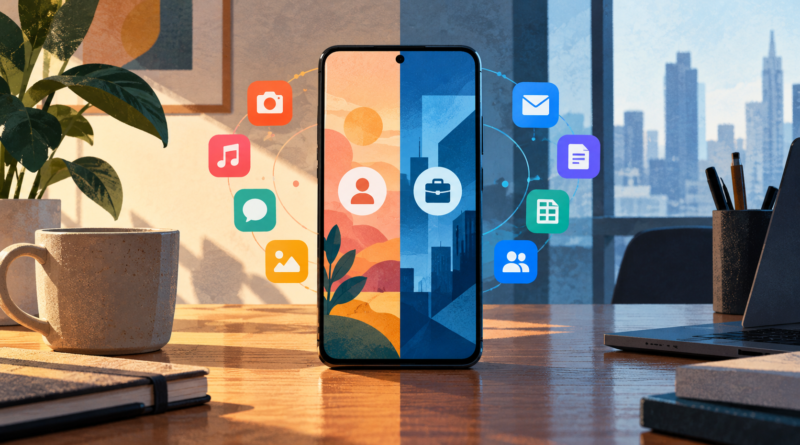 Illustration of a smartphone divided between personal and work apps