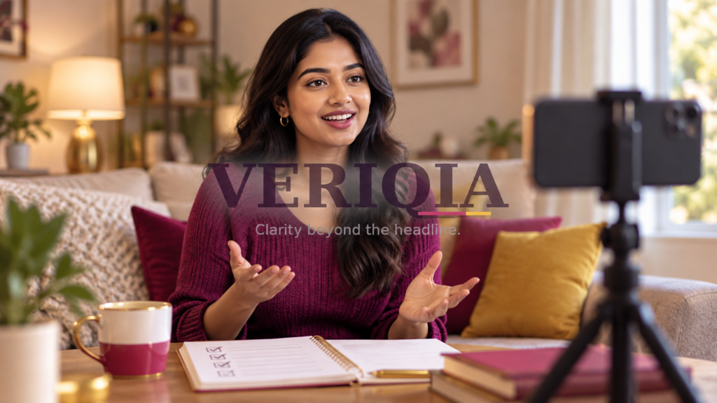 A woman records a self-introduction video at home, with a centered VERIQIA watermark.