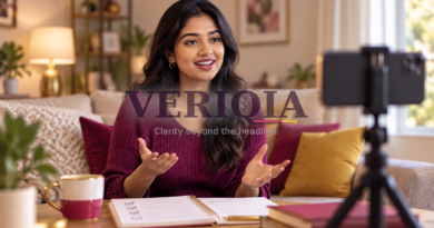 A woman records a self-introduction video at home, with a centered VERIQIA watermark.