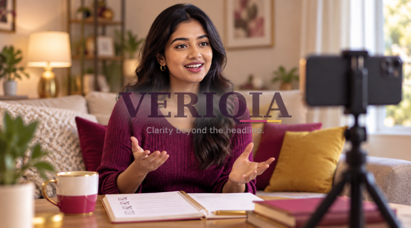 A woman records a self-introduction video at home, with a centered VERIQIA watermark.