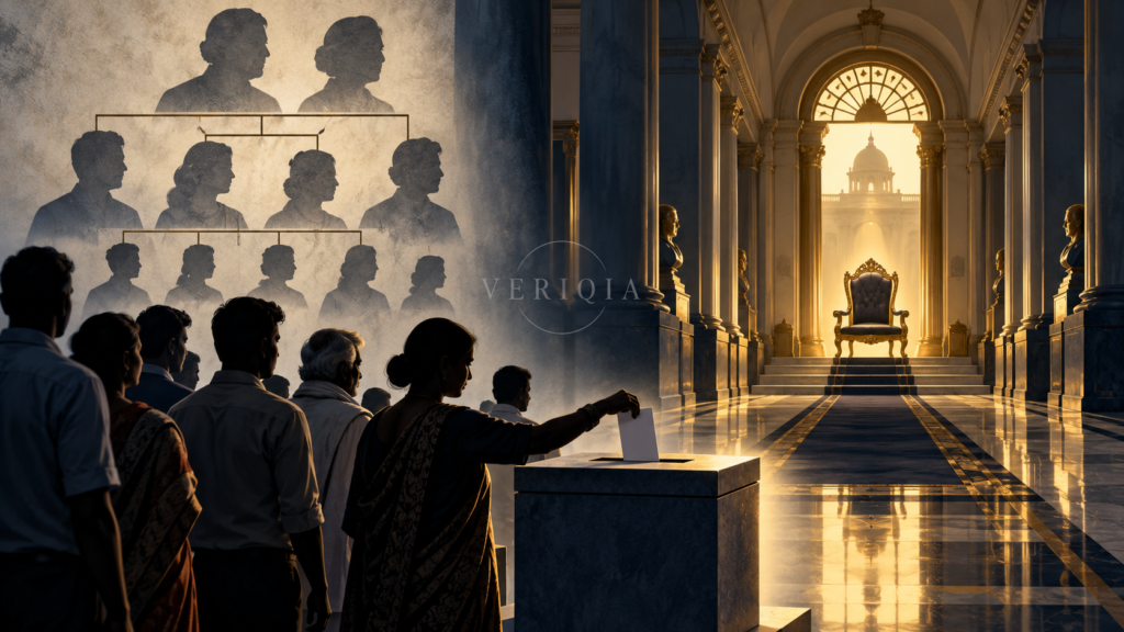 Illustration of voters casting a ballot beside a symbolic family tree and an empty seat of political power.