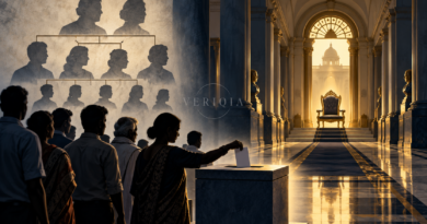 Illustration of voters casting a ballot beside a symbolic family tree and an empty seat of political power.