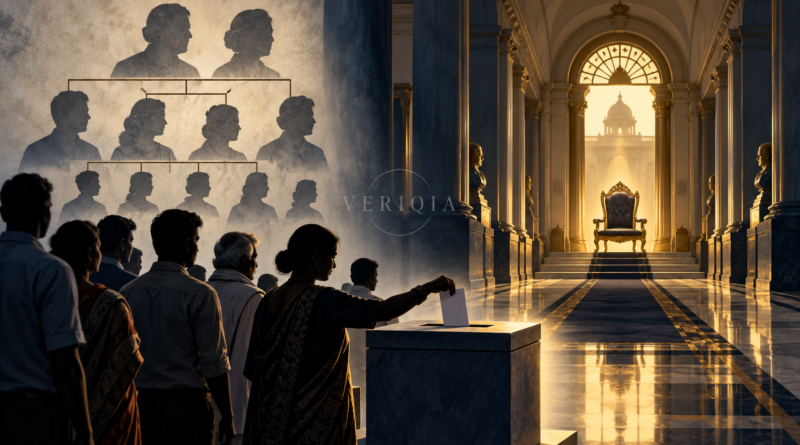 Illustration of voters casting a ballot beside a symbolic family tree and an empty seat of political power.