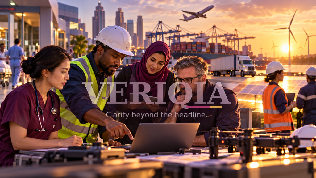Which Jobs Are Actually Hiring Right Now? Editorial illustration with centered VERIQIA watermark.