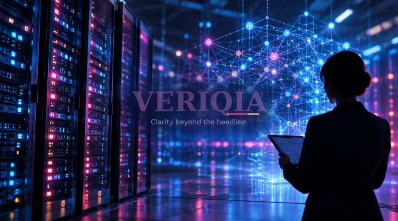 Illustration of server racks and an AI auditor, with centered VERIQIA watermark