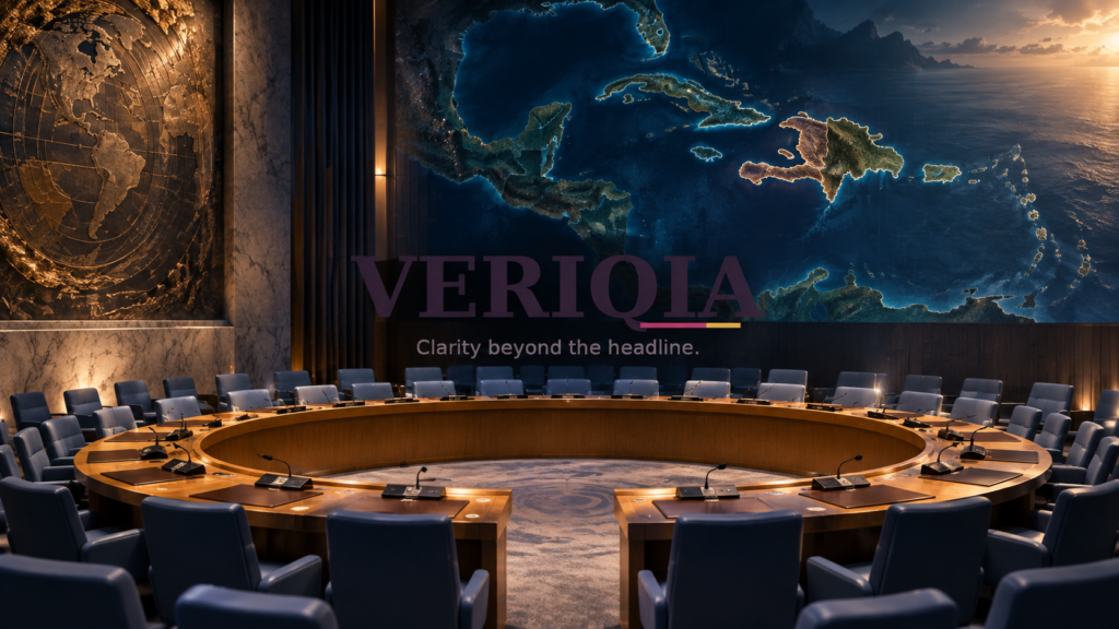 Editorial illustration of a diplomatic chamber and Caribbean map, with centered VERIQIA watermark
