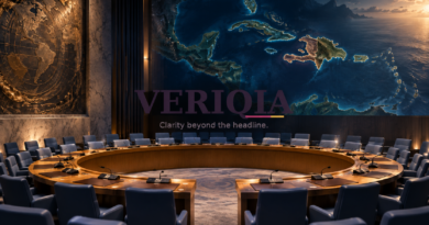 Editorial illustration of a diplomatic chamber and Caribbean map, with centered VERIQIA watermark