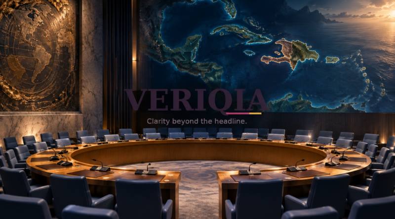 Editorial illustration of a diplomatic chamber and Caribbean map, with centered VERIQIA watermark