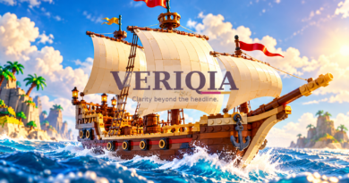 Original toy-brick pirate ship illustration with centered VERIQIA watermark