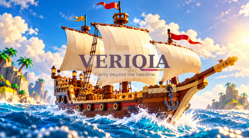 Original toy-brick pirate ship illustration with centered VERIQIA watermark