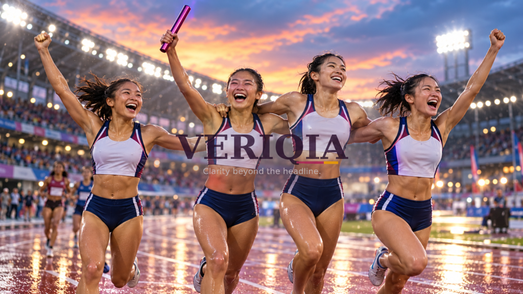 Editorial illustration of four relay runners celebrating, with centered VERIQIA watermark