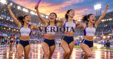 Editorial illustration of four relay runners celebrating, with centered VERIQIA watermark