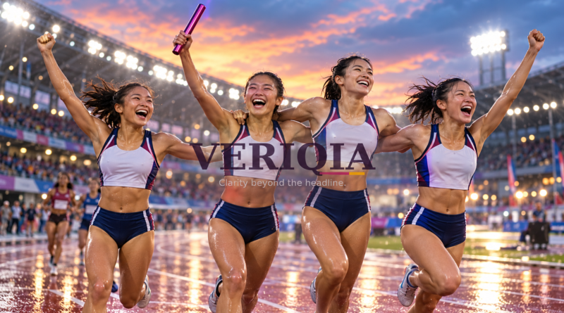 Editorial illustration of four relay runners celebrating, with centered VERIQIA watermark