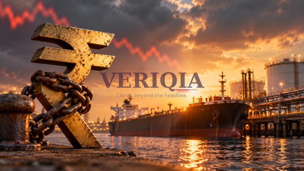 Illustration of a rupee symbol, oil terminal and market line, with centered VERIQIA watermark