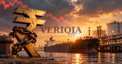 Illustration of a rupee symbol, oil terminal and market line, with centered VERIQIA watermark