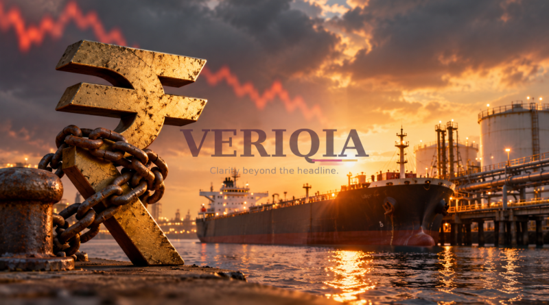 Illustration of a rupee symbol, oil terminal and market line, with centered VERIQIA watermark