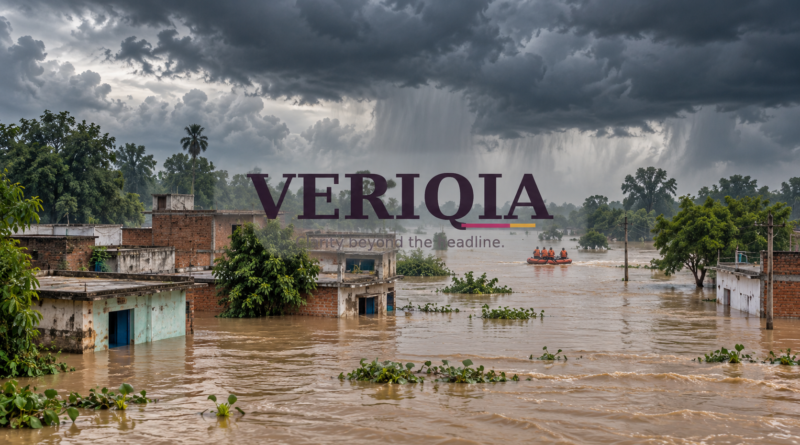 Illustration of flooded homes and a rescue boat under storm clouds, with centered VERIQIA watermark