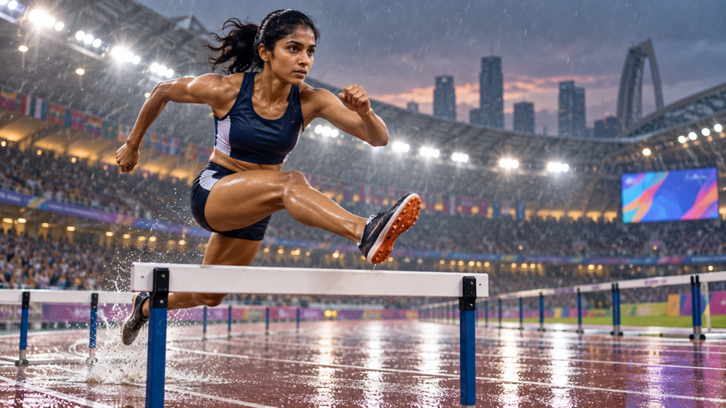 Illustration of a hurdler competing in a rain-soaked athletics stadium