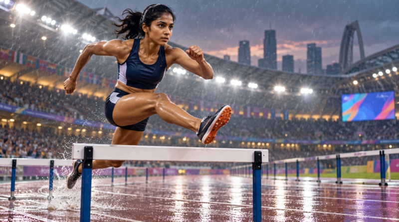 Illustration of a hurdler competing in a rain-soaked athletics stadium
