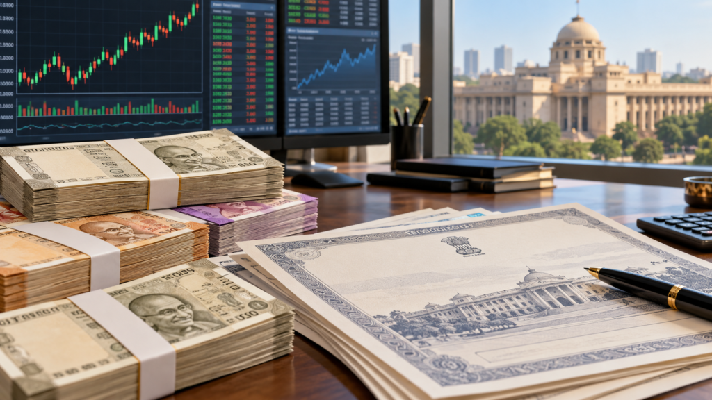 Rupee notes and bond documents on a financial desk