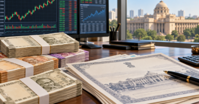 Rupee notes and bond documents on a financial desk