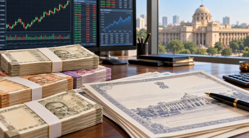 Rupee notes and bond documents on a financial desk