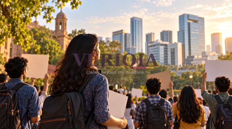 Illustration of a peaceful campus gathering and job prospects, with centered VERIQIA watermark