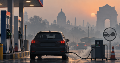 Illustration of a Delhi fuel station and vehicles under a hazy winter skyline