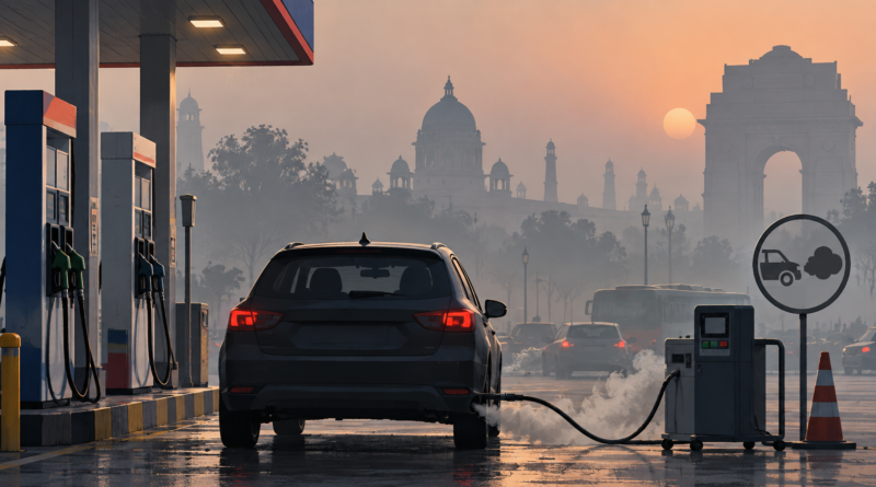 Illustration of a Delhi fuel station and vehicles under a hazy winter skyline