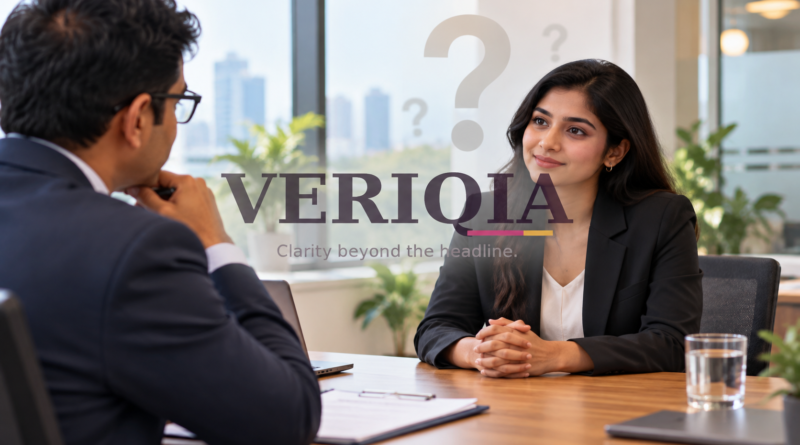 Illustration of a job interview, with centered VERIQIA watermark
