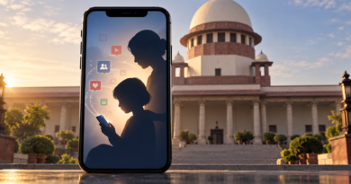 Illustration of a smartphone, child and guardian silhouettes, and courthouse columns