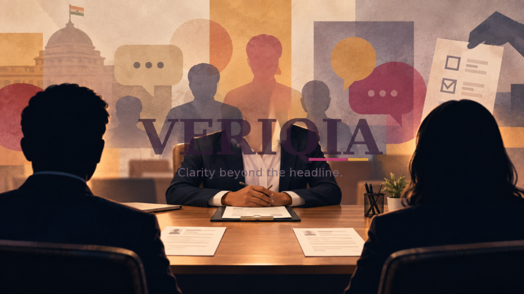 Illustration of a job interview and political views, with centered VERIQIA watermark